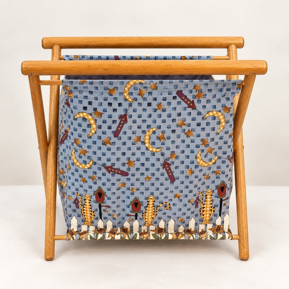 Vintage Rustic Celestial Cat Magazine knitting Rack Wood Folding Basket Blueting